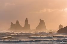 Seastacks Reynisdrangar rocks at sunset, South Iceland